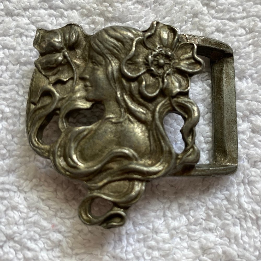 RICHARD SYNEK Art Nouveau Belt Buckle Signed Vintage Woman Hair Bust ‘60’s-70’s